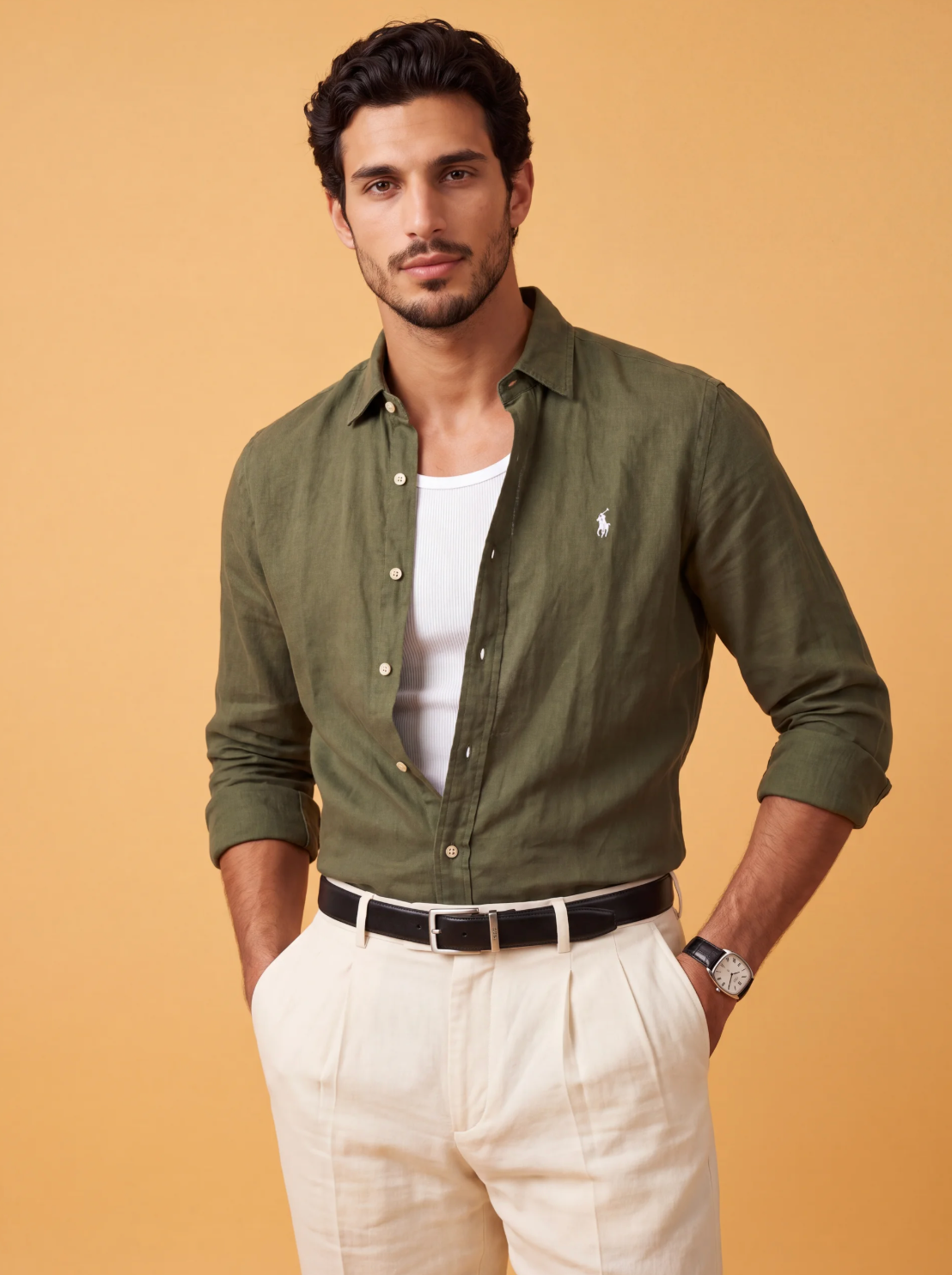 מכופתרת פשתן ירוקה לוגו לבן Polo Ralph Lauren