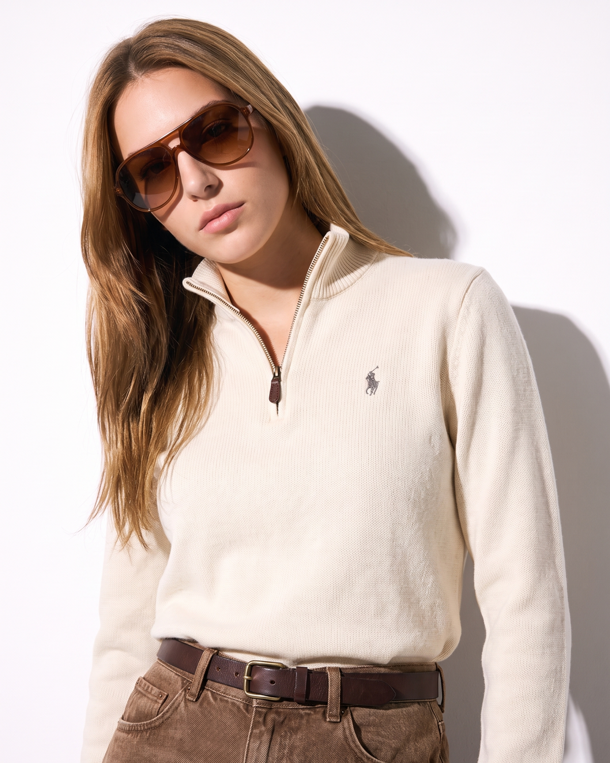 סריג חצי רוכסן שמנת מצמר לוגו אפור לנשים Polo Ralph Lauren
