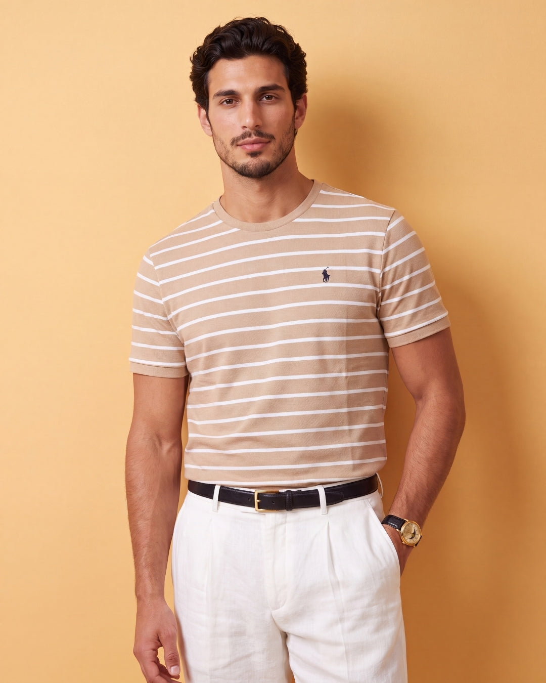 חולצת טי-שירט בד פיקה פסים חום-לבן לוגו שחור Polo Ralph Lauren