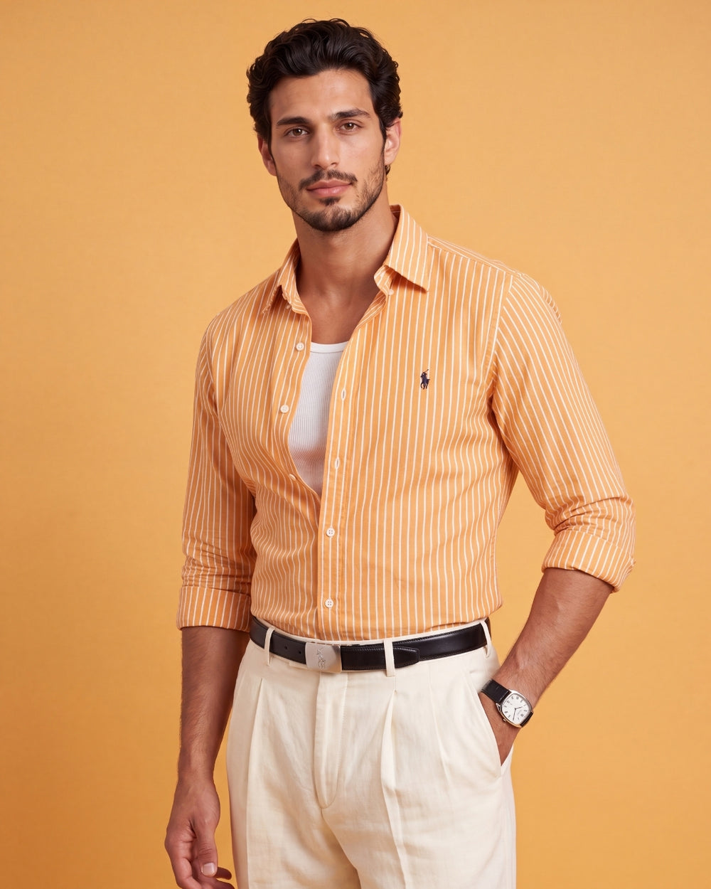 מכופתרת כותנה פסים כתום לבן לוגו נייבי Polo Ralph Lauren