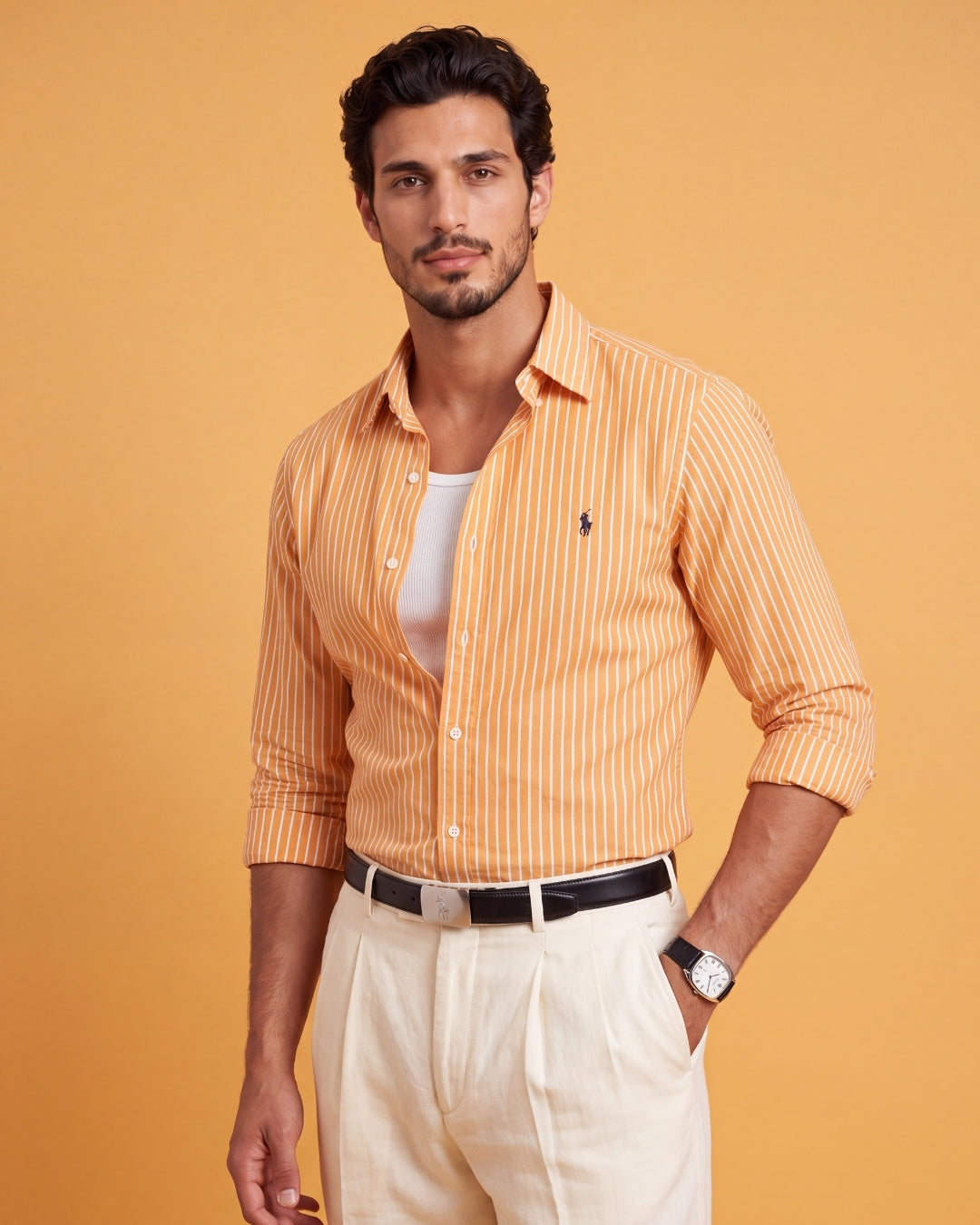 מכופתרת כותנה פסים כתום לבן לוגו נייבי Polo Ralph Lauren
