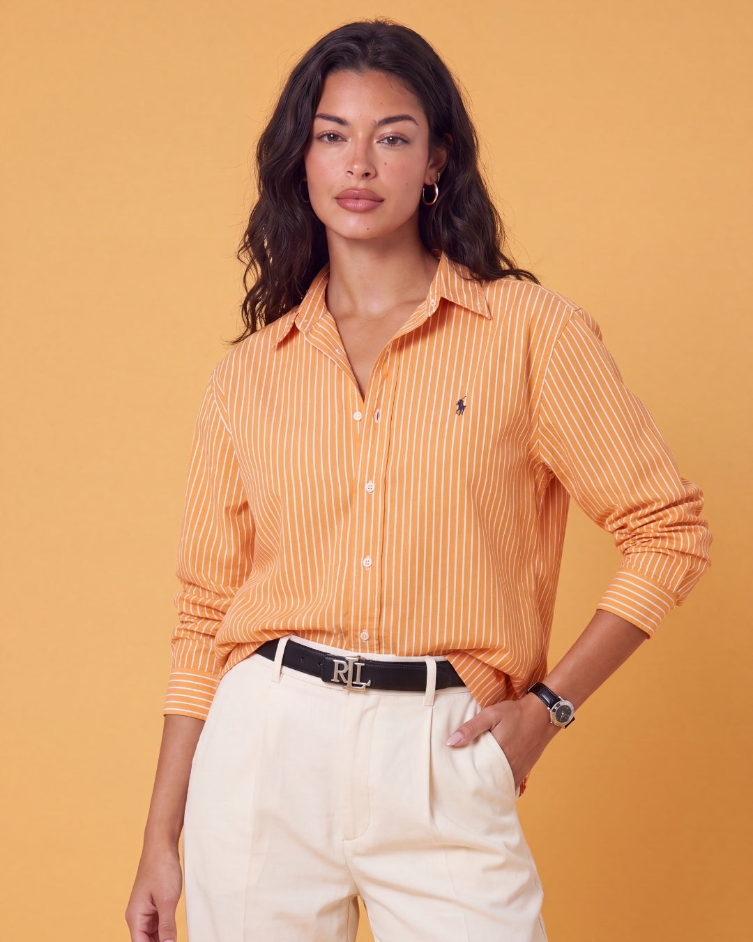 מכופתרת כותנה פסים כתום לבן לוגו נייבי Polo Ralph Lauren