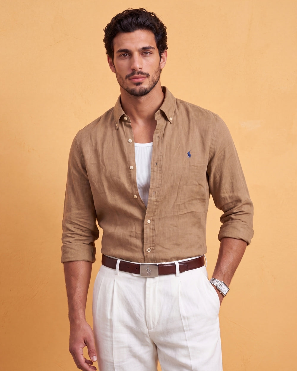 מכופתרת פשתן חום קפה לוגו נייבי Polo Ralph Lauren