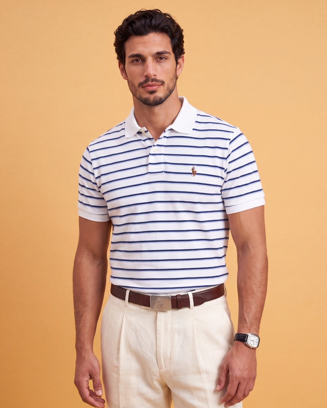 חולצת פולו כותנה פסים לבן-כחול לוגו צבעוני Polo Ralph Lauren