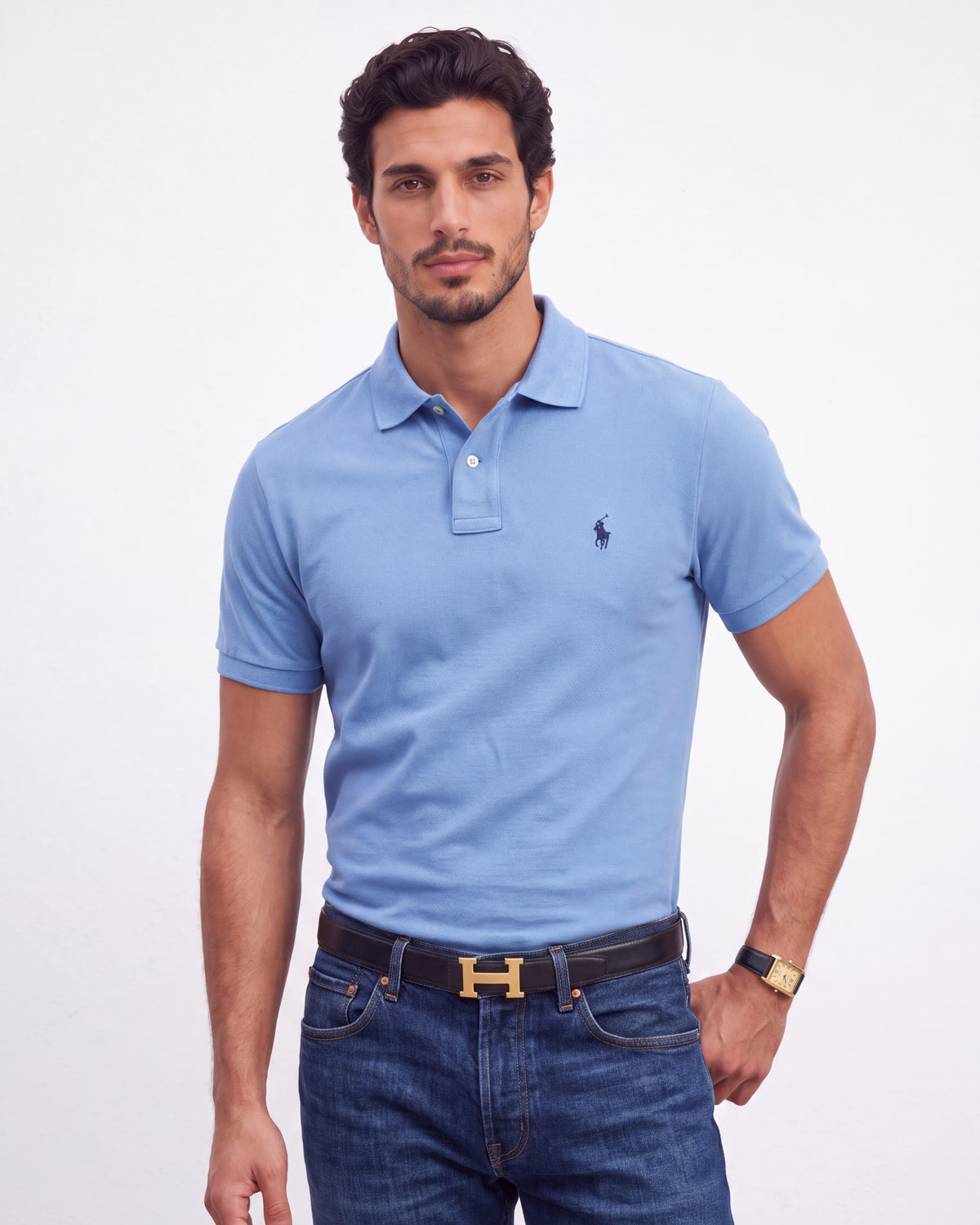 חולצת פולו תכלת בד פיקה לוגו נייבי Polo Ralph Lauren