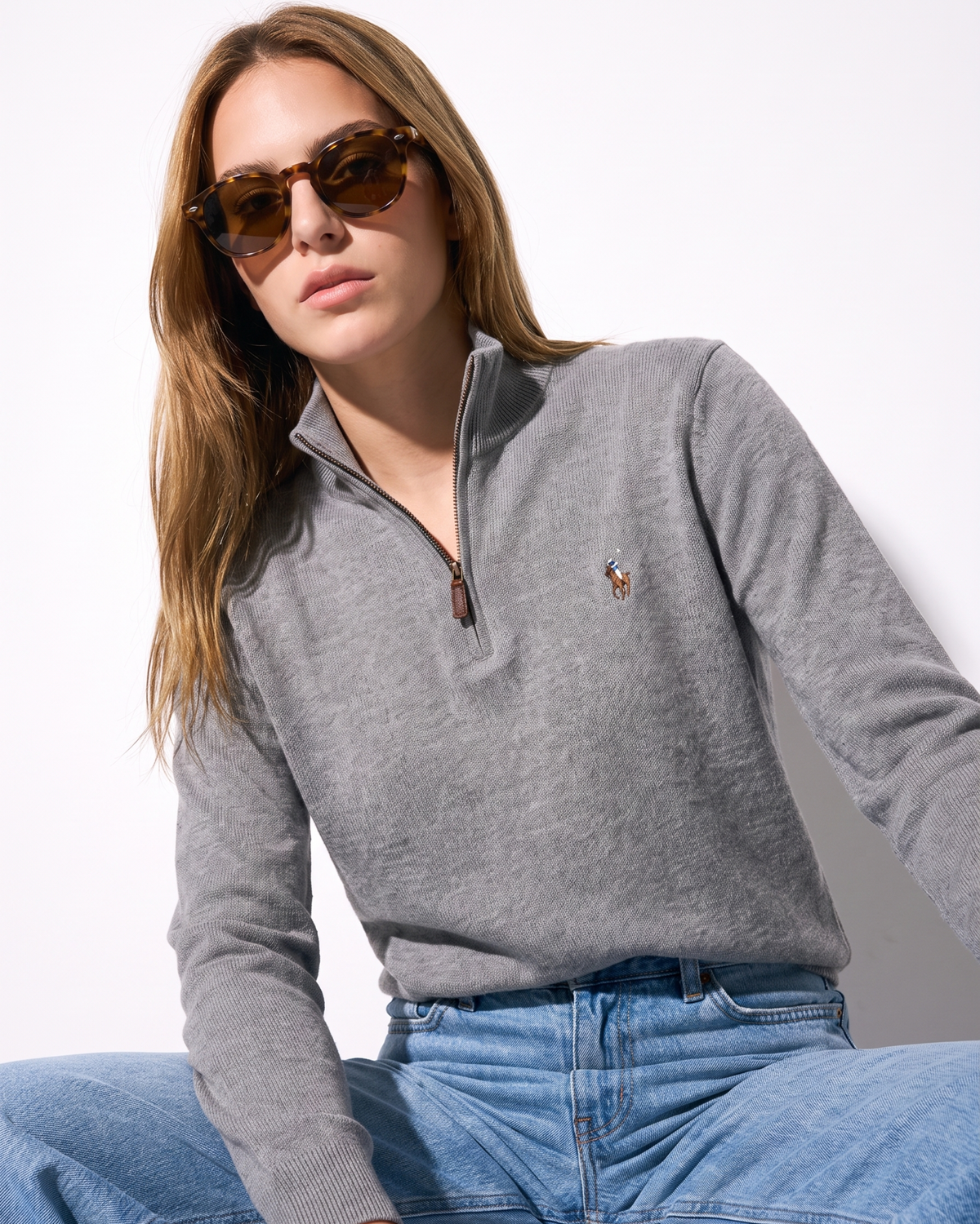 סריג חצי רוכסן אפור לוגו צבעוני Polo Ralph Lauren