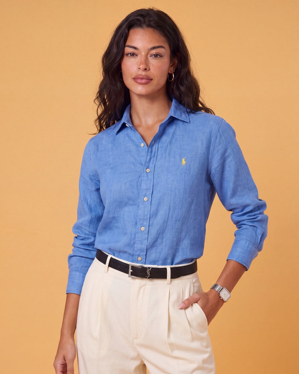 מכופתרת פשתן כחולה לוגו צהוב Polo Ralph Lauren