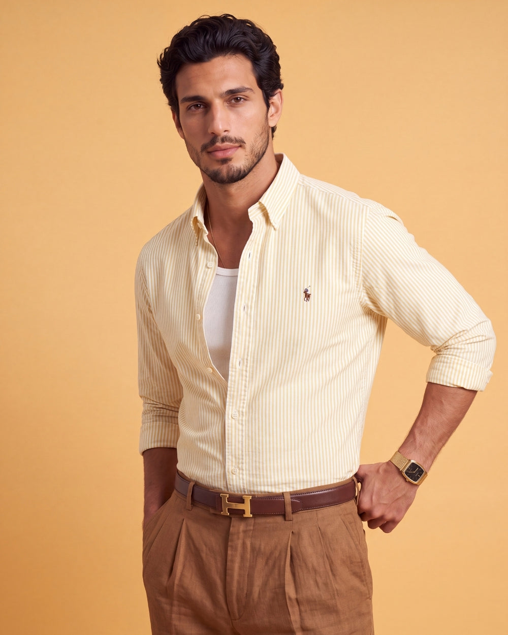 מכופתרת אוקספורד פסים צהוב-לבן לוגו צבעוני Polo Ralph Lauren