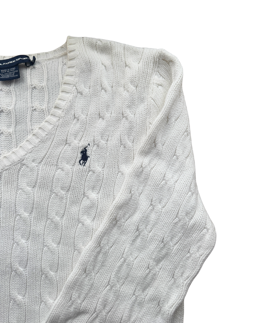 ‏RL White & Navy Logo V-neck Cable Knit Sweater