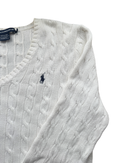 ‏RL White & Navy Logo V-neck Cable Knit Sweater