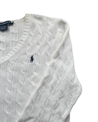 ‏RL White & Navy Logo V-neck Cable Knit Sweater