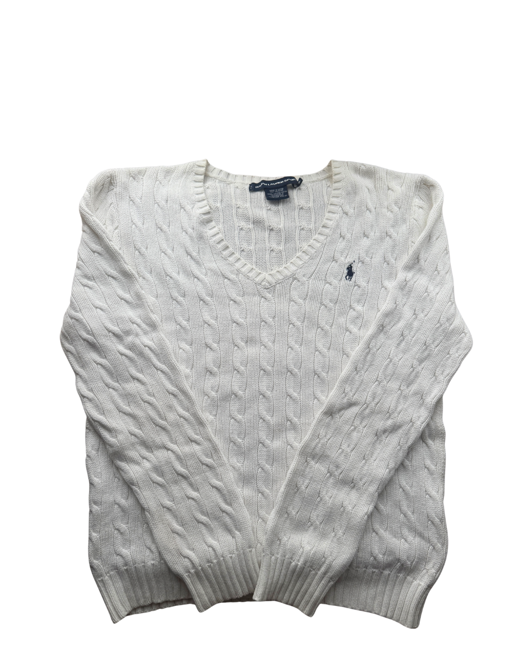 ‏RL White & Navy Logo V-neck Cable Knit Sweater
