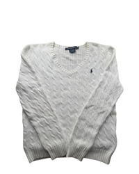‏RL White & Navy Logo V-neck Cable Knit Sweater