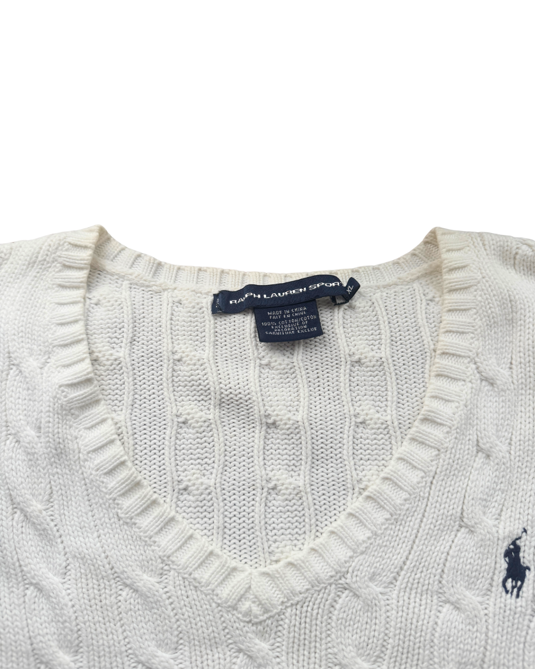‏RL White & Navy Logo V-neck Cable Knit Sweater