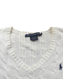 ‏RL White & Navy Logo V-neck Cable Knit Sweater