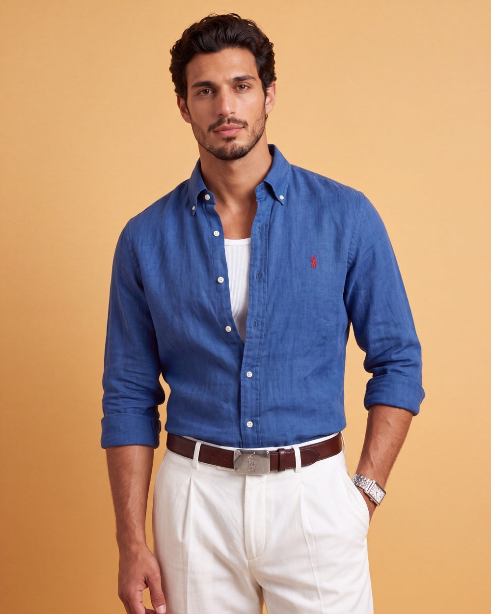מכופתרת פשתן כחול אוקיינוס לוגו אדום Polo Ralph Lauren