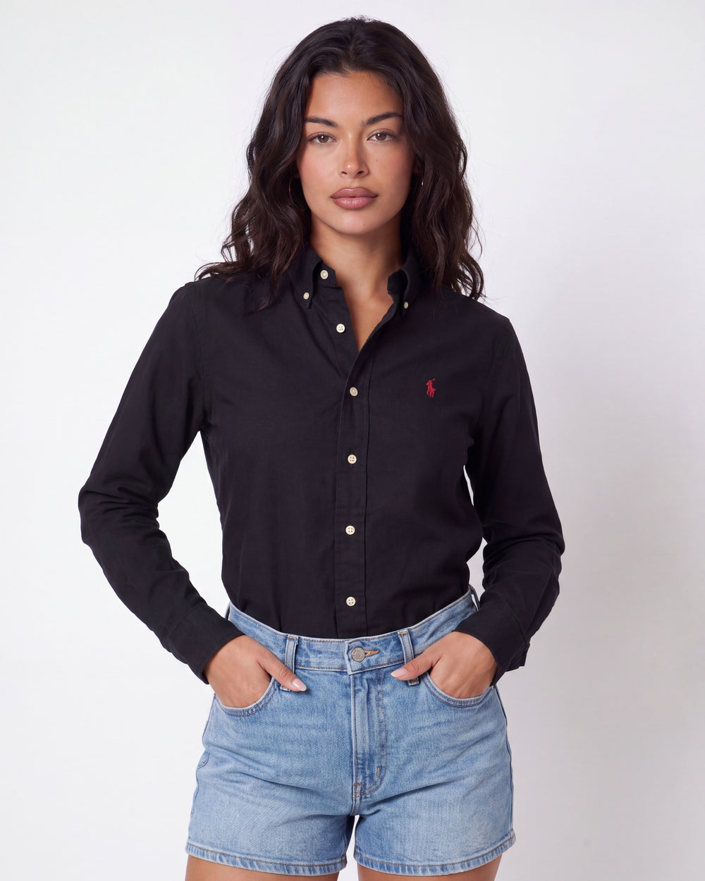 מכופתרת אוקספורד שחורה לוגו אדום Polo Ralph Lauren