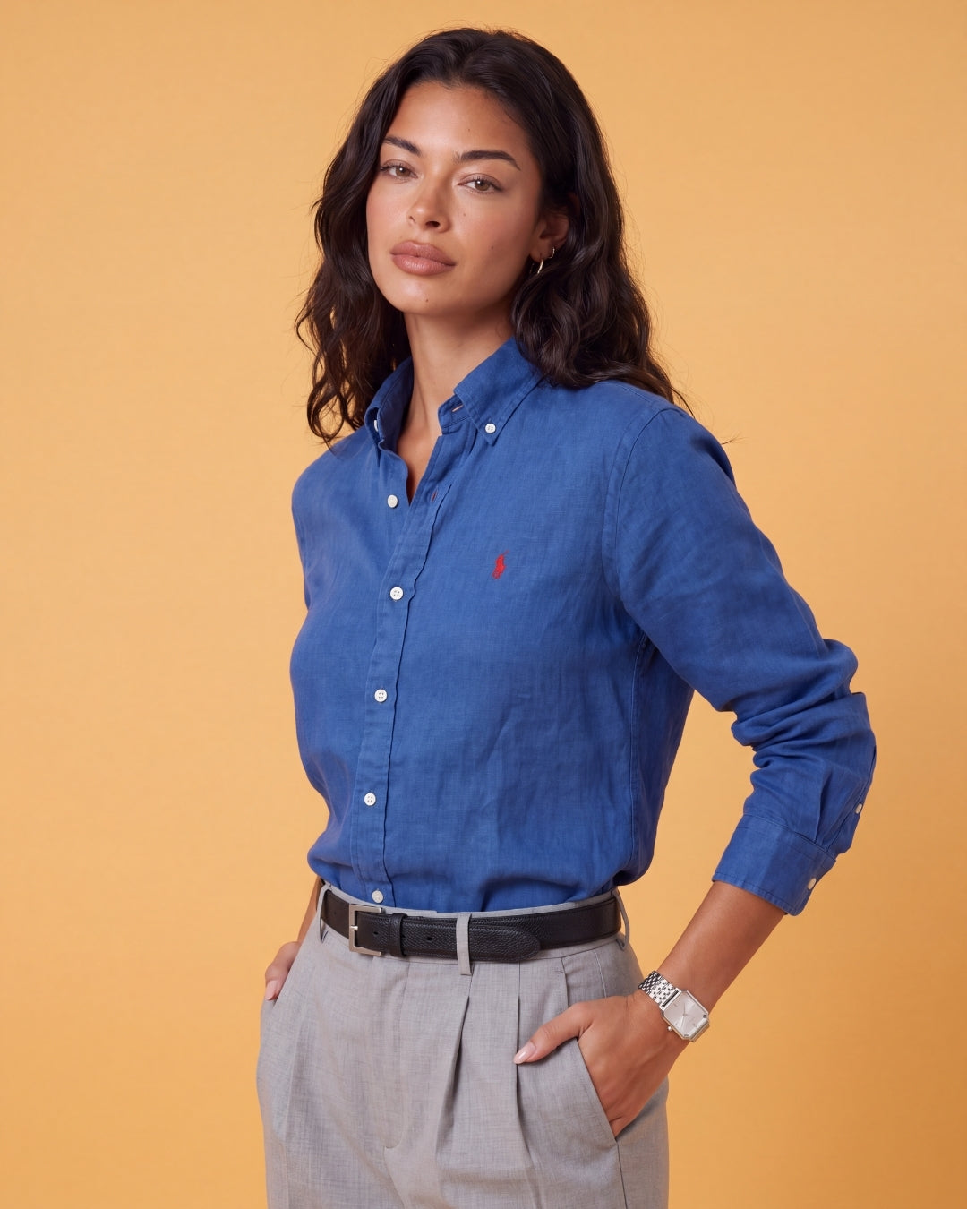 מכופתרת פשתן כחול אוקיינוס לוגו אדום Polo Ralph Lauren