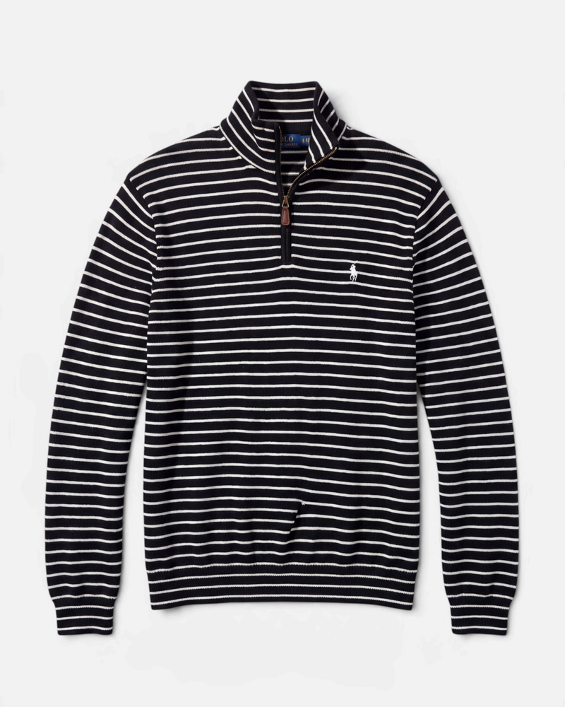 סריג חצי רוכסן פסים שחור-לבן לוגו לבן Polo Ralph Lauren