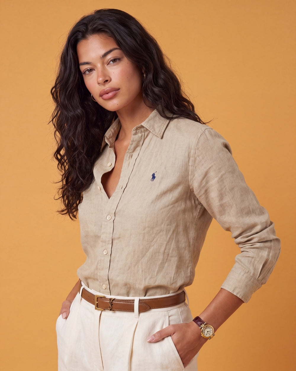 מכופתרת פשתן חומה לוגו נייבי Polo Ralph Lauren