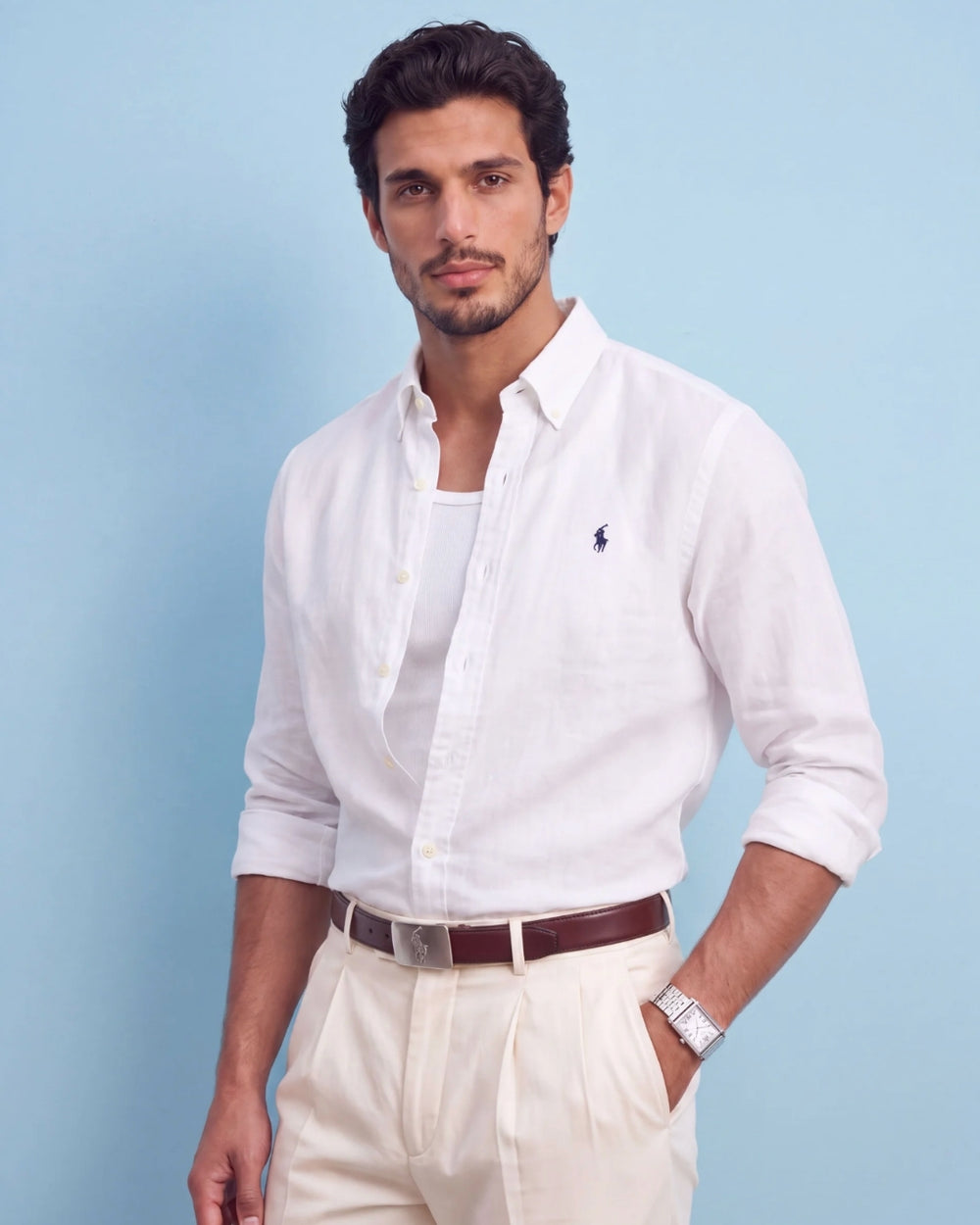מכופתרת פשתן לבנה לוגו נייבי Polo Ralph Lauren