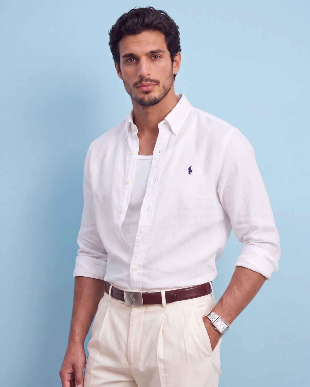 מכופתרת פשתן לבנה לוגו נייבי Polo Ralph Lauren