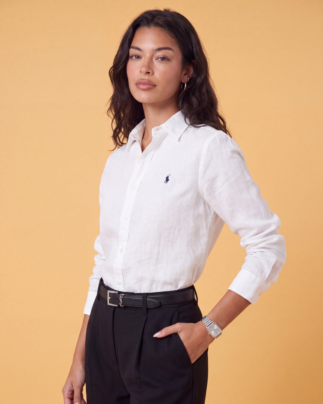 מכופתרת פשתן לבנה לוגו נייבי Polo Ralph Lauren