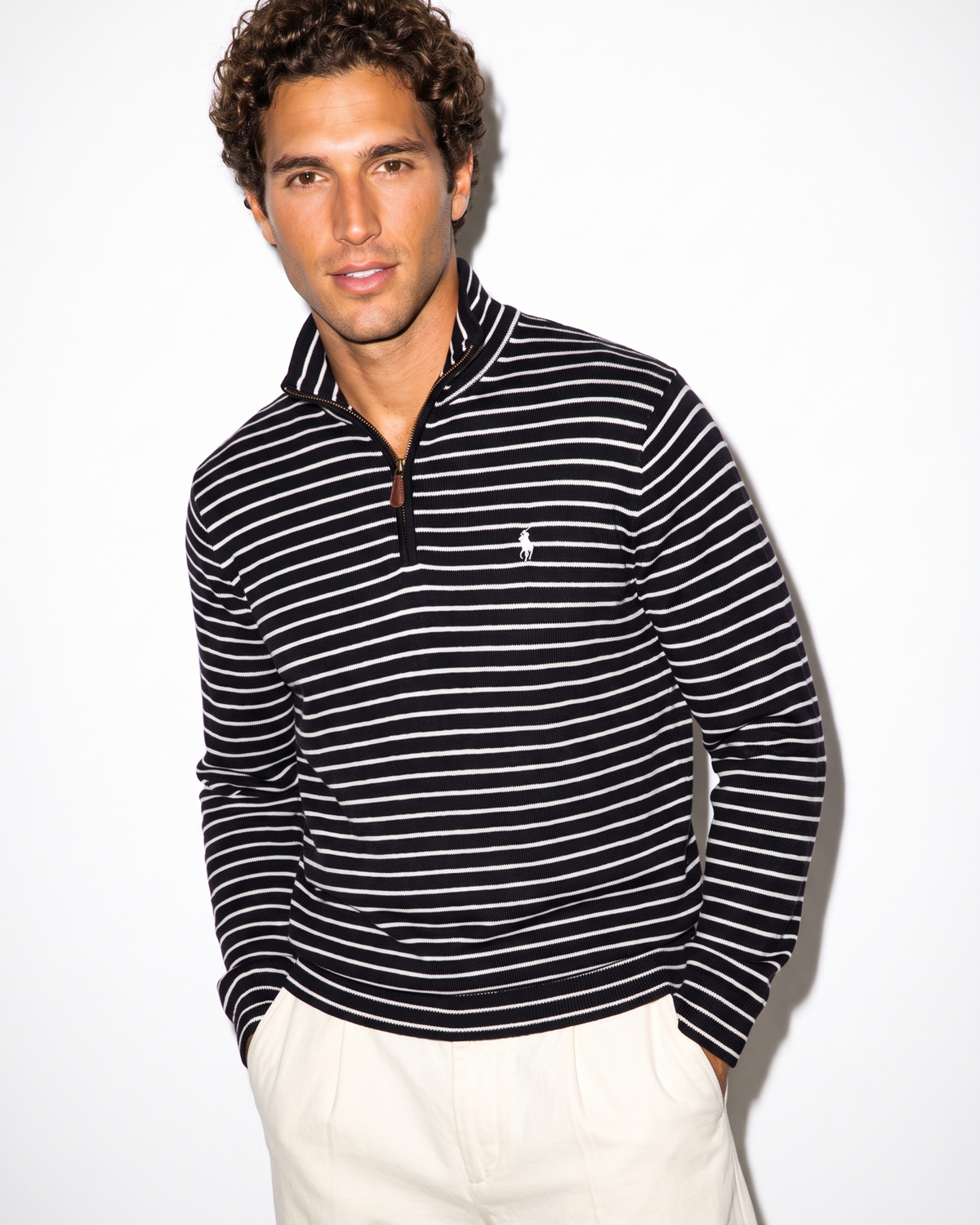 סריג חצי רוכסן פסים שחור-לבן לוגו לבן Polo Ralph Lauren
