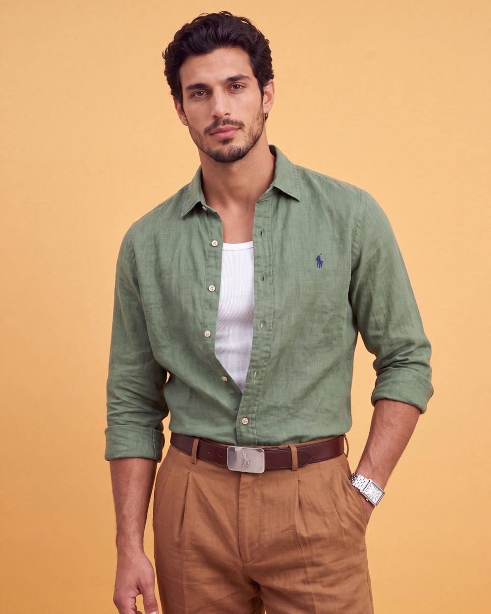 מכופתרת פשתן ירוקה לוגו נייבי Polo Ralph Lauren