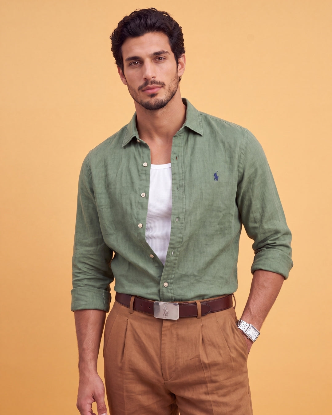 מכופתרת פשתן ירוקה לוגו נייבי Polo Ralph Lauren