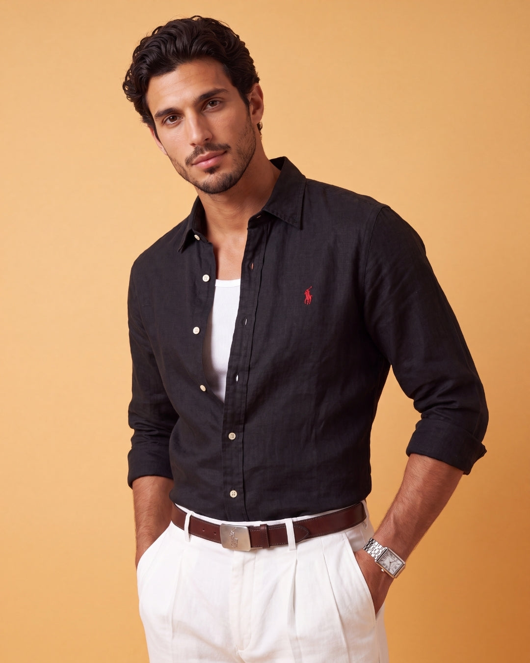 מכופתרת פשתן שחורה לוגו אדום Polo Ralph Lauren