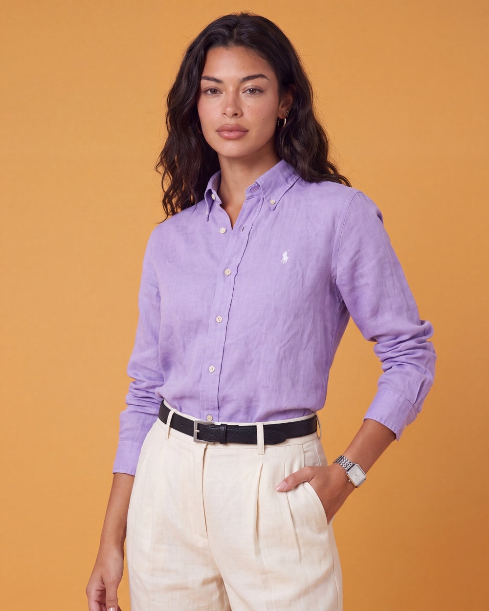 מכופתרת פשתן סגולה לוגו לבן Polo Ralph Lauren