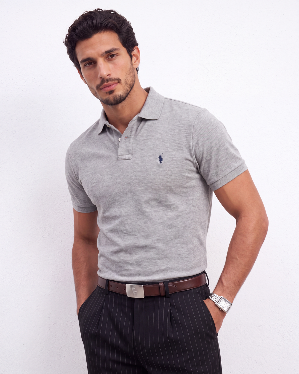חולצת פולו בד פיקה אפורה לוגו נייבי Polo Ralph Lauren