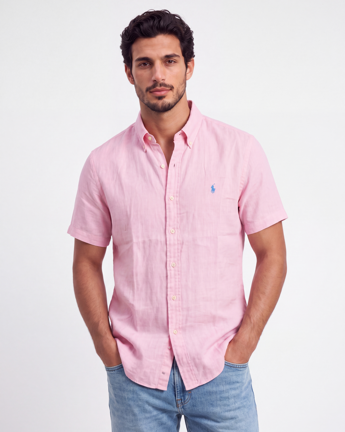 מכופתרת פשתן ורודה שרוול קצר לוגו תכלת Polo Ralph Lauren