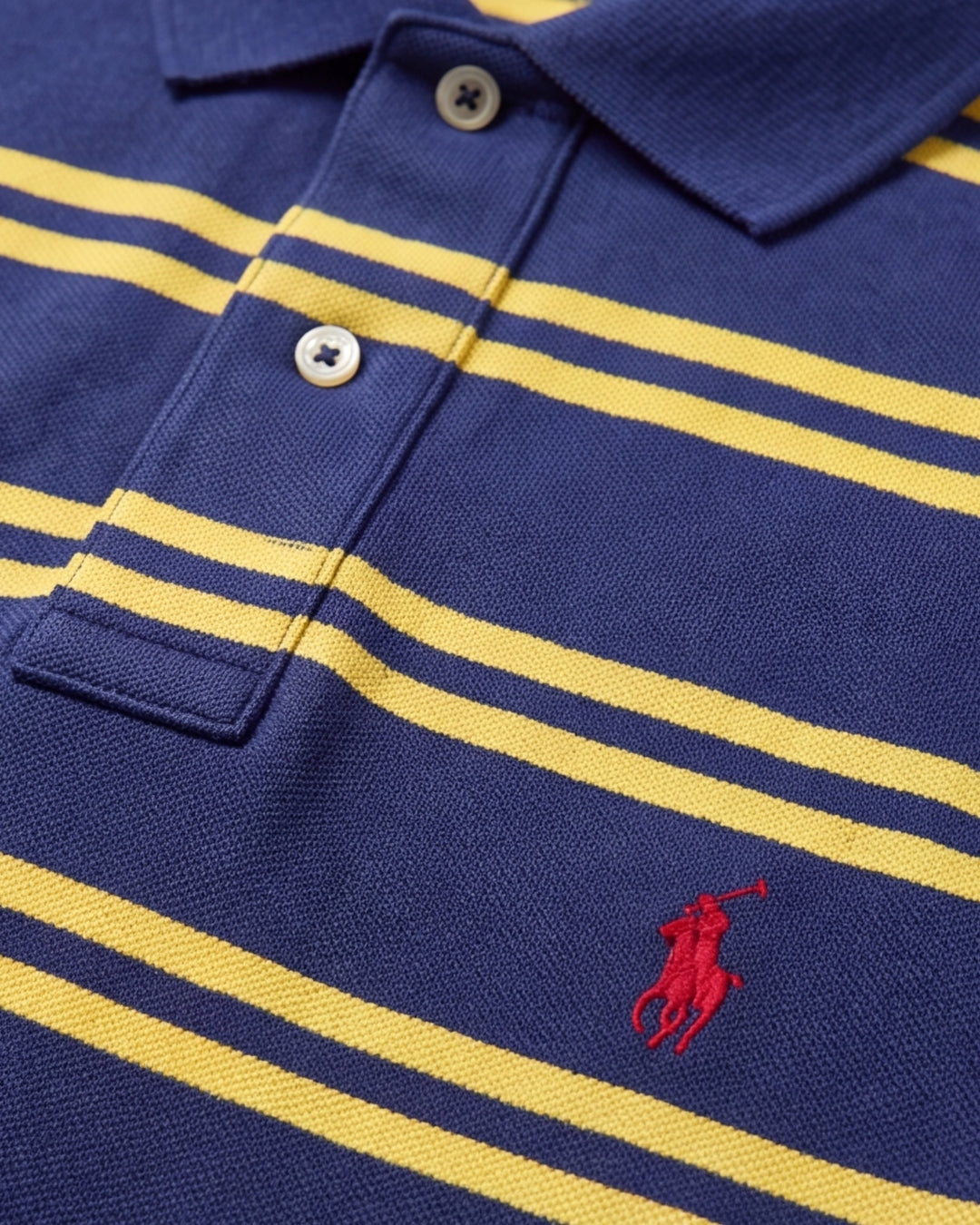 חולצת פולו בד פיקה פסים נייבי-צהוב לוגו אדום Polo Ralph Lauren