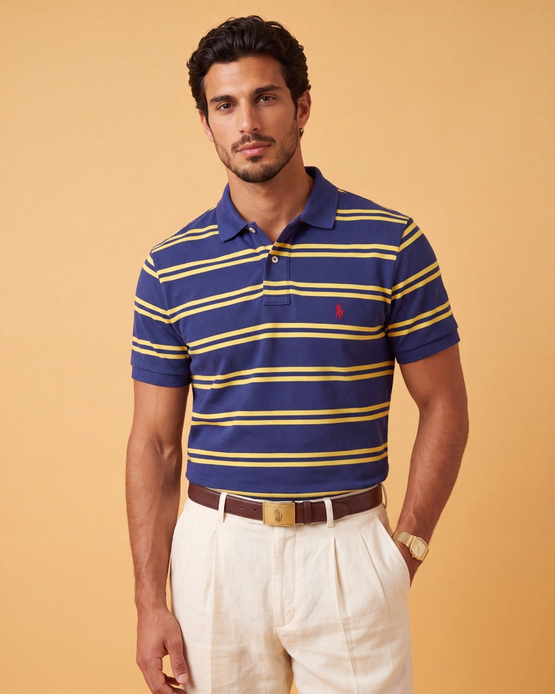 חולצת פולו בד פיקה פסים נייבי-צהוב לוגו אדום Polo Ralph Lauren