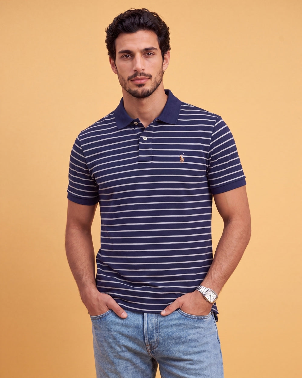 חולצת פולו כותנה פסים כחול-אפור לוגו צבעוני Polo Ralph Lauren