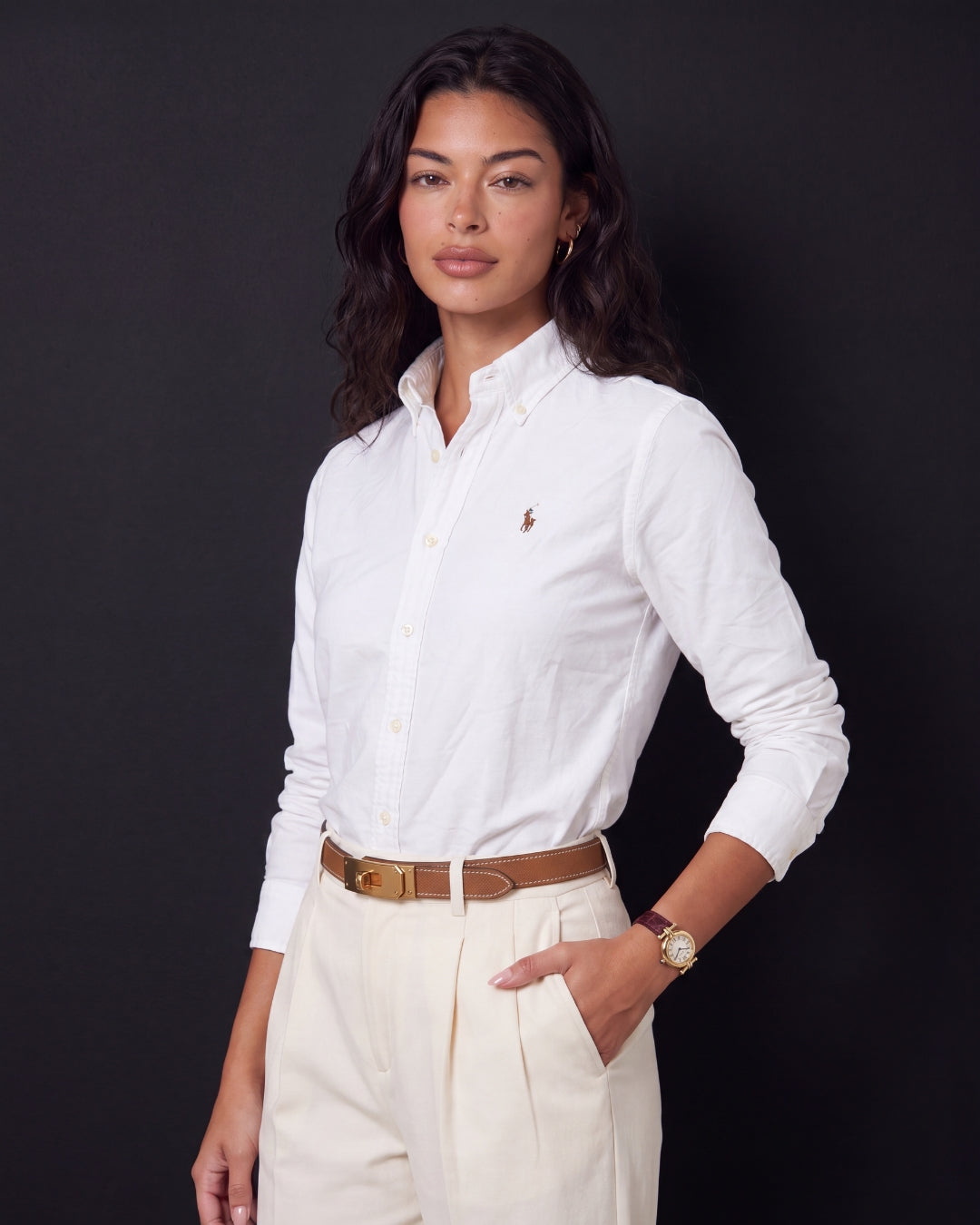 מכופתרת אוקספורד לנשים לבנה לוגו צבעוני Polo Ralph Lauren