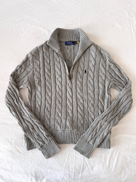 Gray half-zip cable knit sweater
