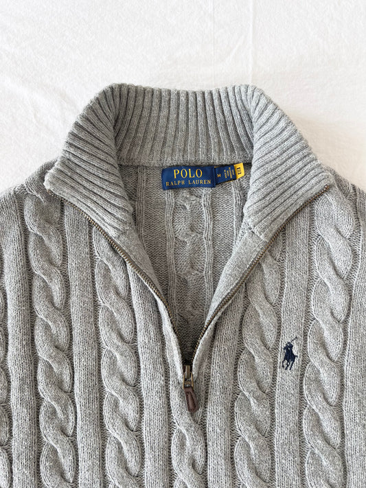 Gray half-zip cable knit sweater