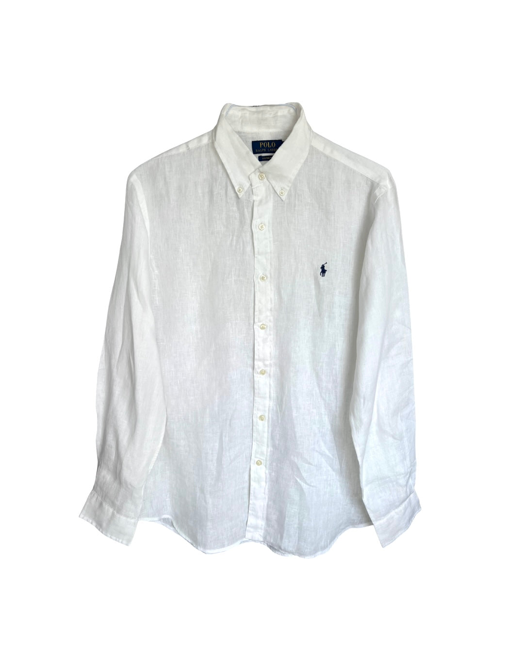 ‏RL White & Navy Logo Linen Shirt
