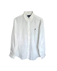 ‏RL White & Navy Logo Linen Shirt
