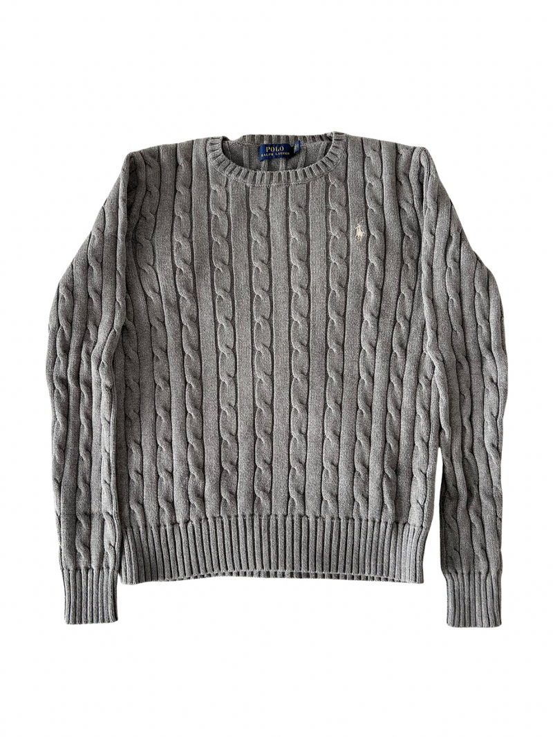 ‏Gray & white logo cable knit sweater