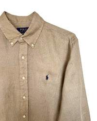 ‏RL Camel & Navy Logo Linen Shirt