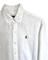 ‏RL White & Navy Logo Linen Shirt