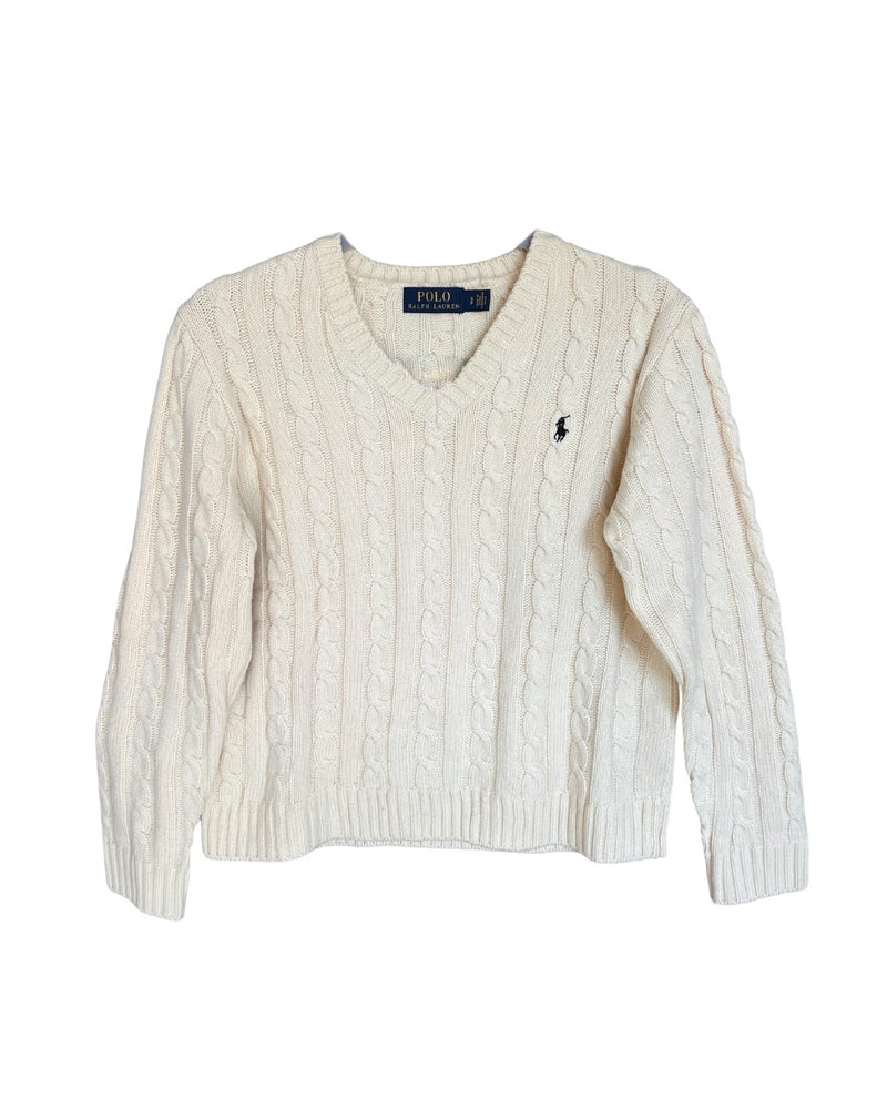 ‏RL Cream & Navy Logo V-neck Cable Knit Sweater