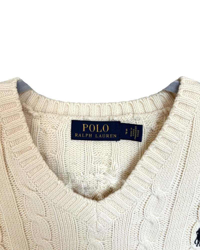 ‏RL Cream & Navy Logo V-neck Cable Knit Sweater