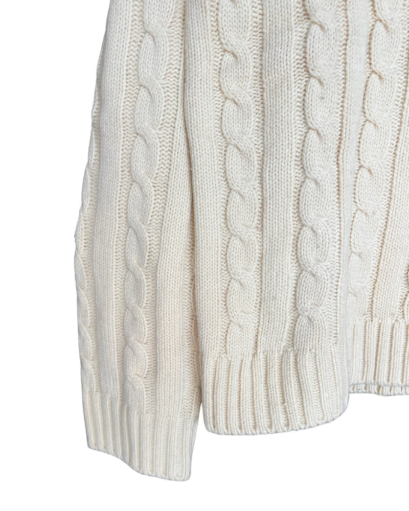‏RL Cream & Navy Logo V-neck Cable Knit Sweater