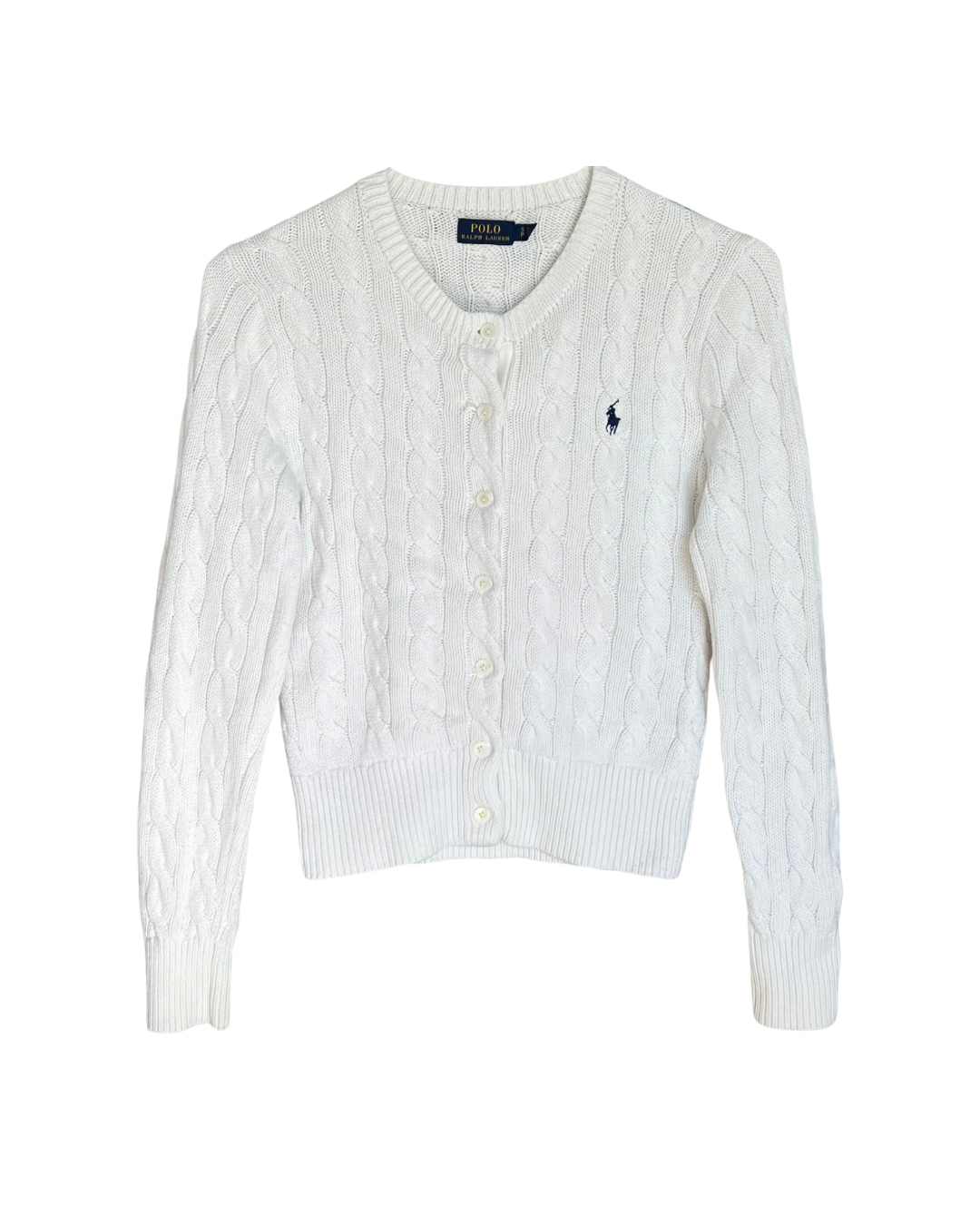 ‏RL White & Navy Logo Cable Knit Cardigan