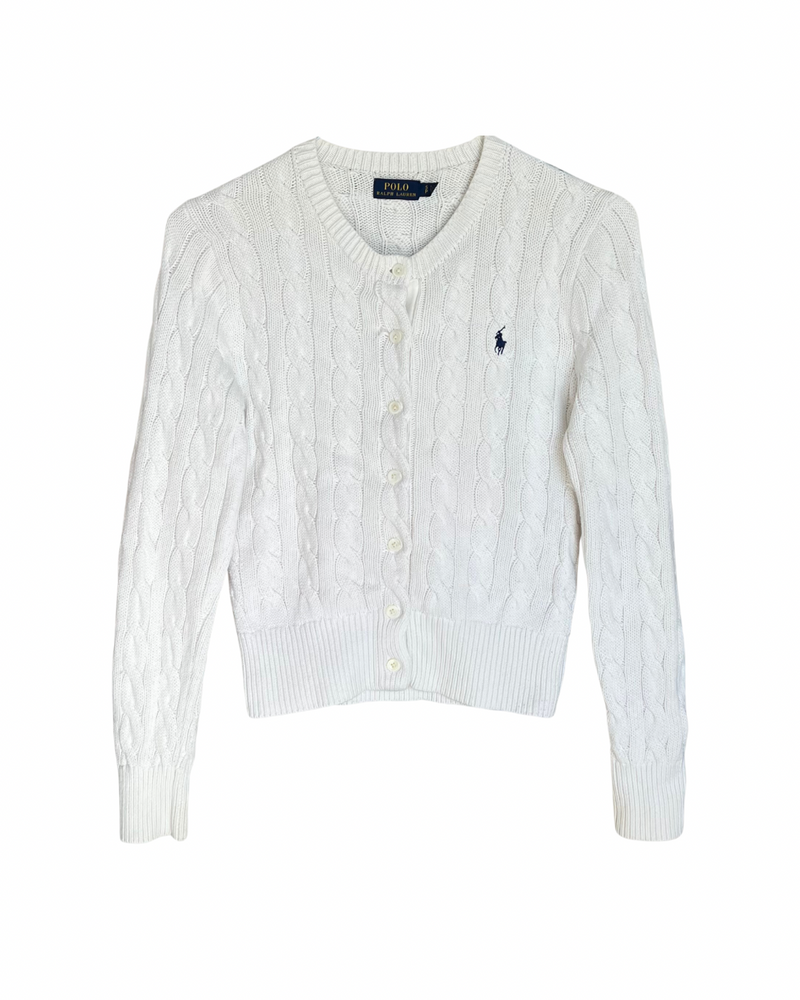 ‏RL White & Navy Logo Cable Knit Cardigan